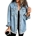 thumbnail image 2 of ClodeEU Women's Fringe Trim Hem Denim Shacket,Oversized Long Sleeve Button Down Jean Shirt Jacket ,Women's Plus L, 2 of 5