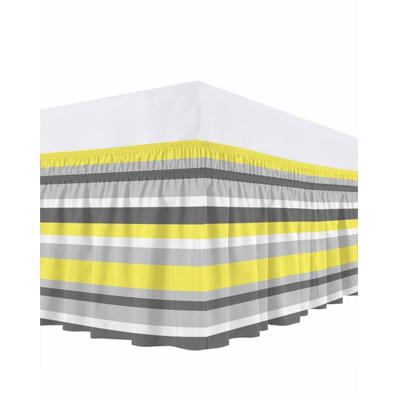 Geometric Stripes Bed Skirt Queen Size 18 Inch Drop, Yellow Grey Wrap Around Dust Ruffle Bedskirts, Wrinkle & Fade Resistant Easy Fit Bedskirt with Adjustable Elastic