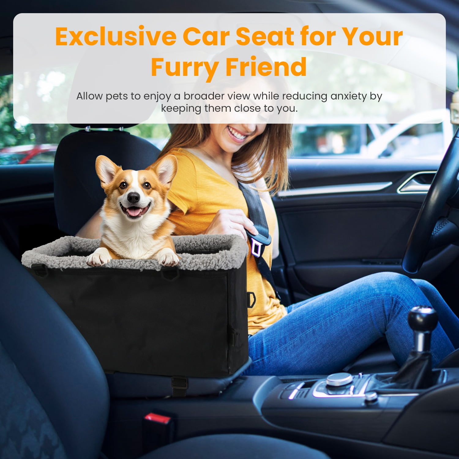 1Pc Small Dog Car Cotton Velvet Seat W/ Harness Side Pocket For Dogs Cats Up To 9LBS, Center Console Pet Booster Cushion Travel Car Seat
