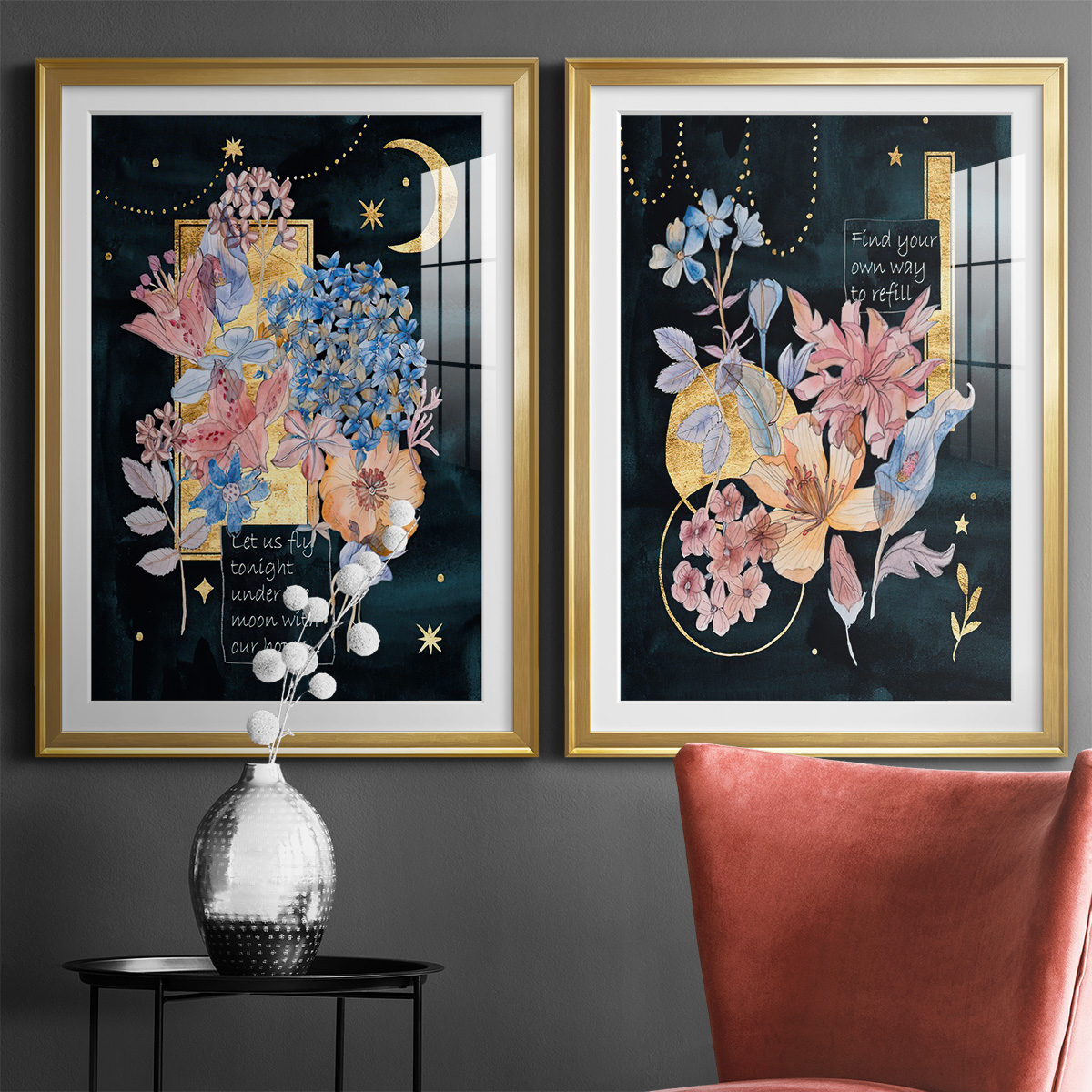 Wexford Home Moonlight Flowers I Premium Framed Print, 30.5" x 42.5" - Ready to Hang, Gold (Set of 2)