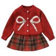 thumbnail image 5 of LRen Holiday Outfit for Girls, Toddler Girls Bow Print Cardigan Sweater Sets with Sequin Skirt, 2 Piece Knit Sweatsuits Winter Tracksuit Outfits,Red,6-7 Years, 5 of 5