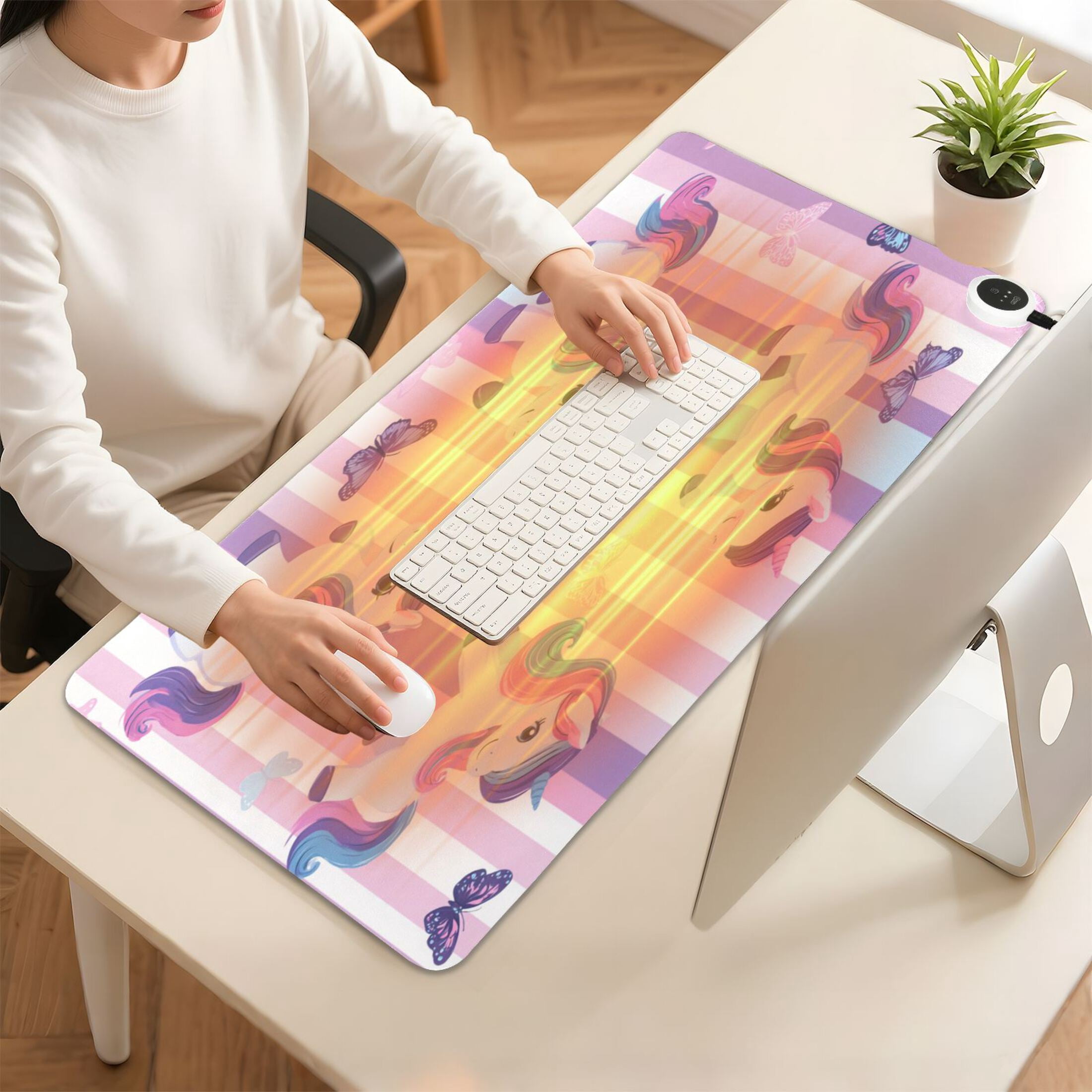 Large Heated Desk Mat Mouse Pad 31.5"x13"PU Leather Graphene Heating Desk Warmer with 3 Temperature Settings 110V US Plug Non-Slip Warm Pad for Home, Office, and Gaming Cute Pastel Unicorn Stripe