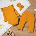 thumbnail image 7 of StylesILove Infant Baby Girls Solid Ribbed Long Sleeve Cotton Bodysuit and Ruffle Pants & Headband 3pcs Fall Winter Romper Outfit (Mustard Yellow, 6 Months), 7 of 7