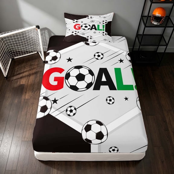 Manfei Soccer Sport Twin Fitted Sheet, Goal Print Bedding, Multicolor Grey 2 Pieces, 1 Fitted Sheet and 1 Pillowcase