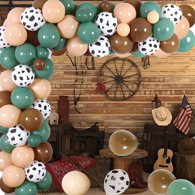 Buffalo Party Decorations, Bison Themed Party Decor with Bison Happy Birthday Backdrop Cow Brown Green Balloon Garland Arch Kit for Highland Cow Baby Shower Party Decor Supplies