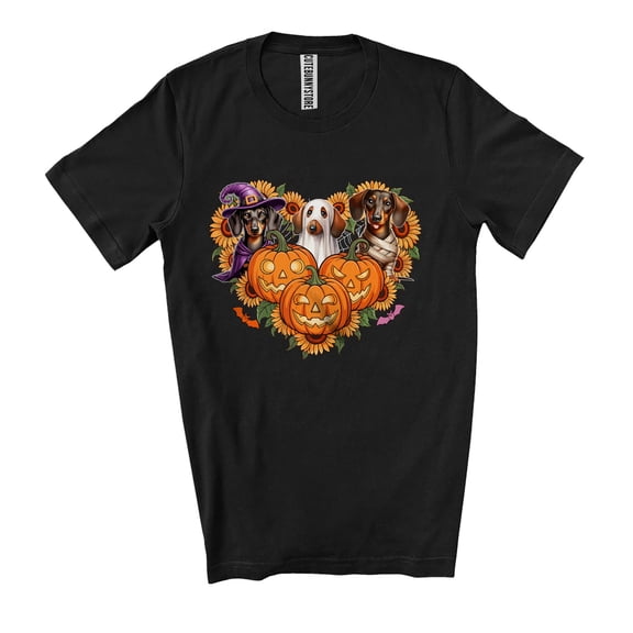 Witch Boo Ghost Mummy Dachshund Heart Shape; Lovely Halloween Sunflowers Pumpkins Unisex T-Shirt
