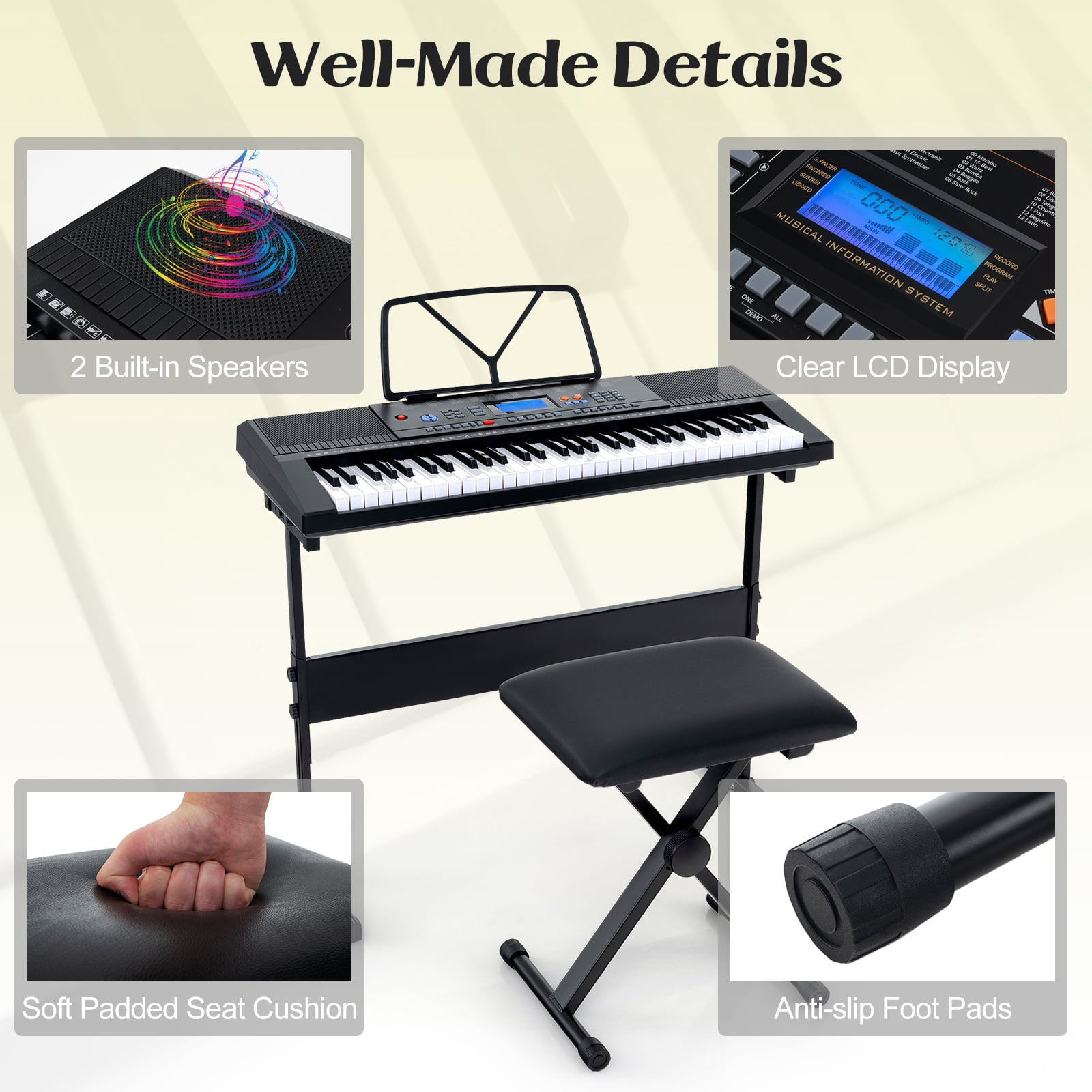Costway 61 Keys Portable Electronic Keyboard Piano Set with Folding Bench 300 Timbres 300 Rhythms