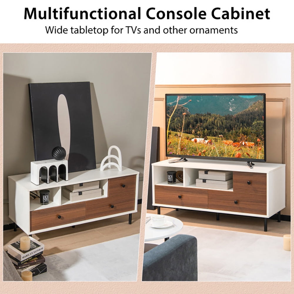 Finihen TV Stand, TV Cabinet, Mid-Century TV Stand for 50-inch TVs with 2 Cubbies and 3 Drawers, for Living Room, White & Walnut