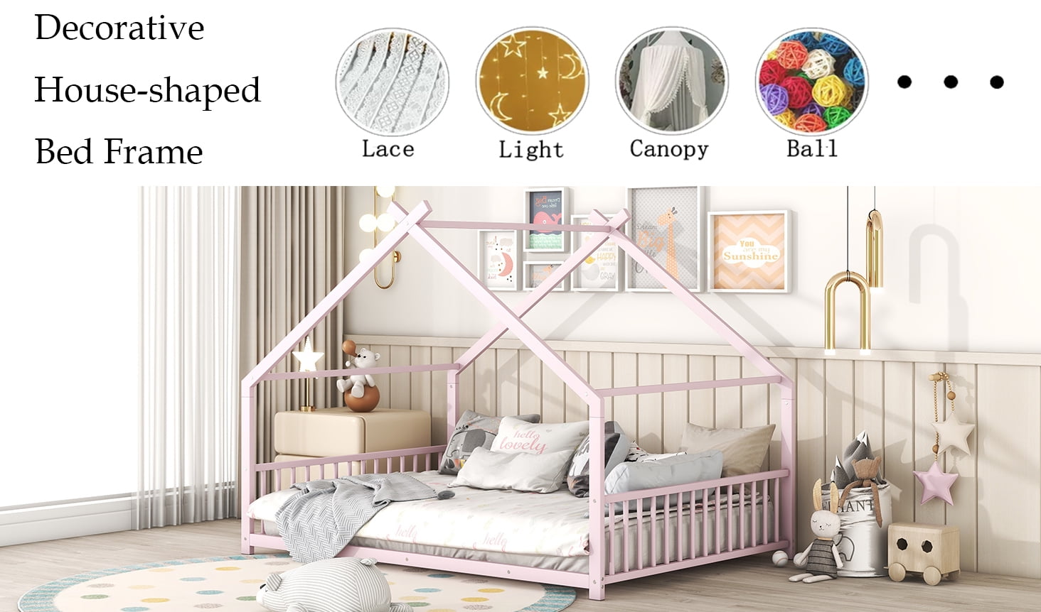 Bellemave Full Size Metal House Bed with Headboard and Footboard Montessori House Bed, Metal Floor Bed with Roof, No Box Spring Needed, Pink