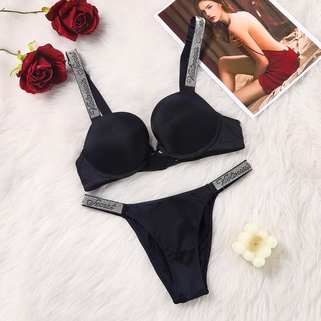 Victoria's Secret Set Sujetador Ajustable Rhinestones Lentejuelas Lencería Sexy Transpirable Push-Up Mujer Impresión Carta Gao Jiahui unisex