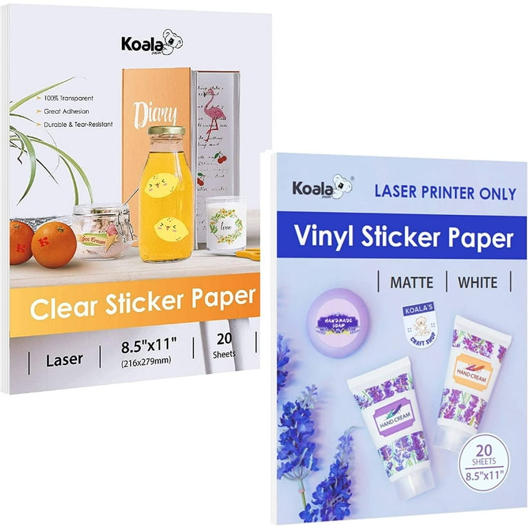 Koala Printable Clear Sticker Paper and Matte White Vinyl Sticker Paper for  Laser Printer - 40 Sheets Waterproof Sticker Paper 