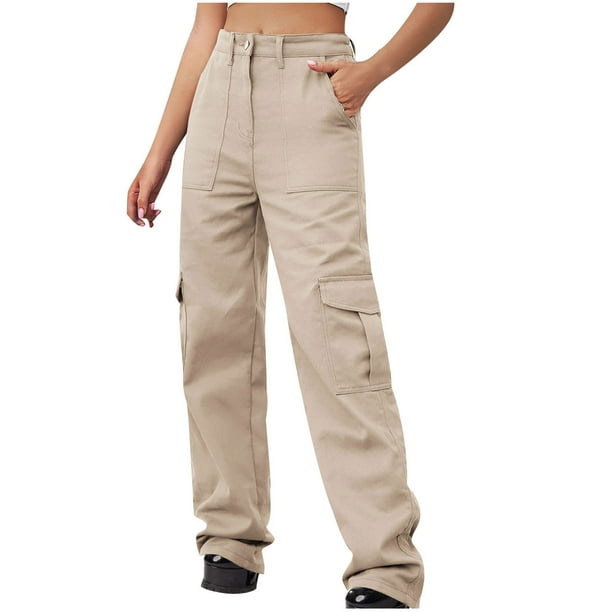 Womens Denim Cargo Pants with Multi Pockets High Waisted Straight Leg Solid  Jeans Streetwear Jean Cargos 