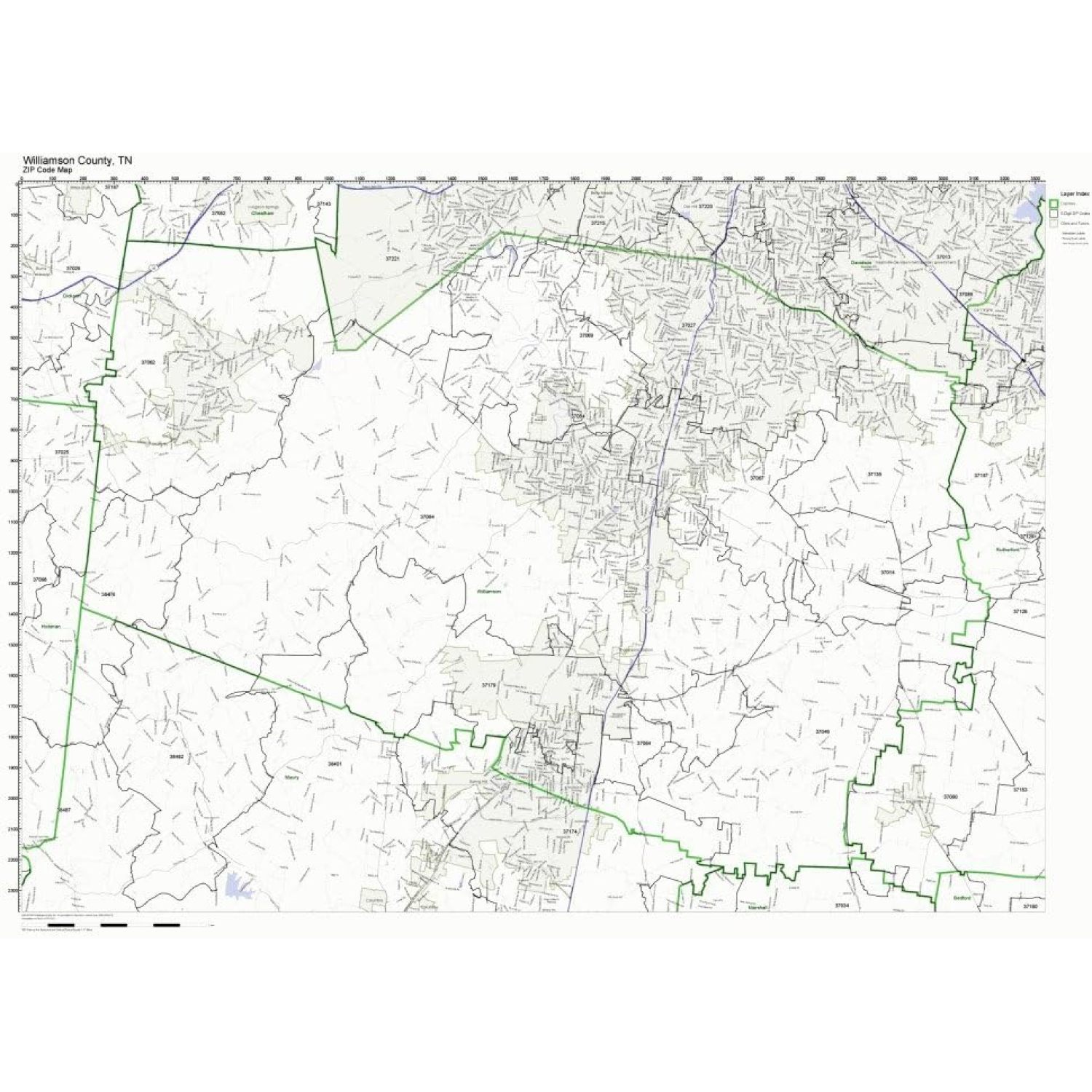 Williamson County, Tennessee TN ZIP Code Map Not Laminated