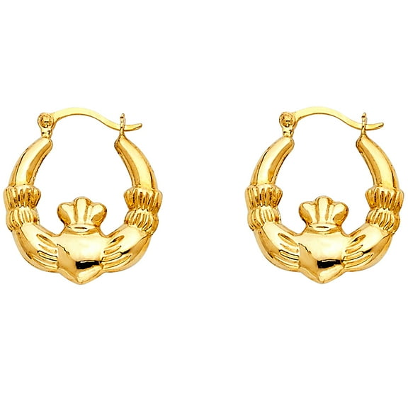 14k Yellow Gold Claddagh Hollow Hoop Earrings, (15mm X 15mm)