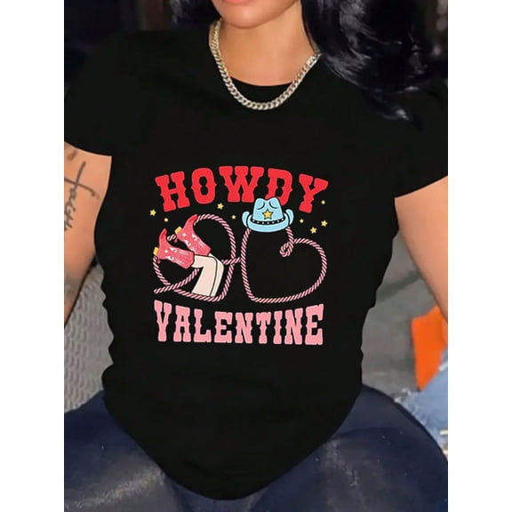Western Cowgirl Boots Howdy Valentine's Day Women Short Sleeve Graphic T-Shirt
