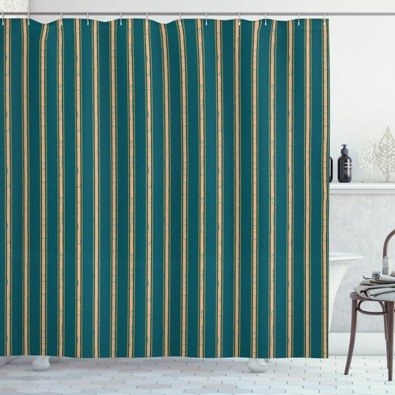Geometric Shower Curtain, Grungy Background Print with Vertical Stripes and Little Dots, Fabric Bathroom Set with Hooks, 69W X 84L Inches Extra Long, Peach Yellow and Dark Teal, by Ambesonne