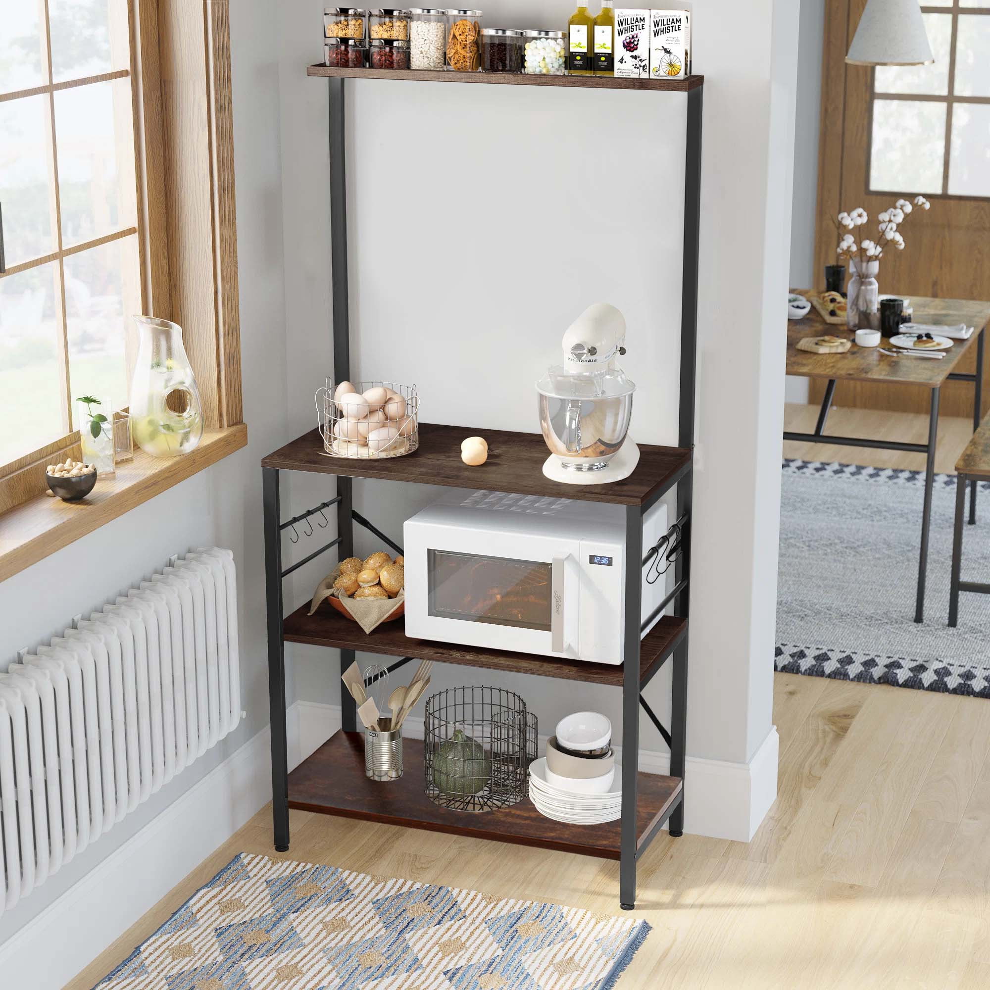 Copedvic Kitchen Bakers Rack Storage Cabinets Microwave Cart Oven Stand Coffee Bar with 6 Hooks 4 Tier Shelves