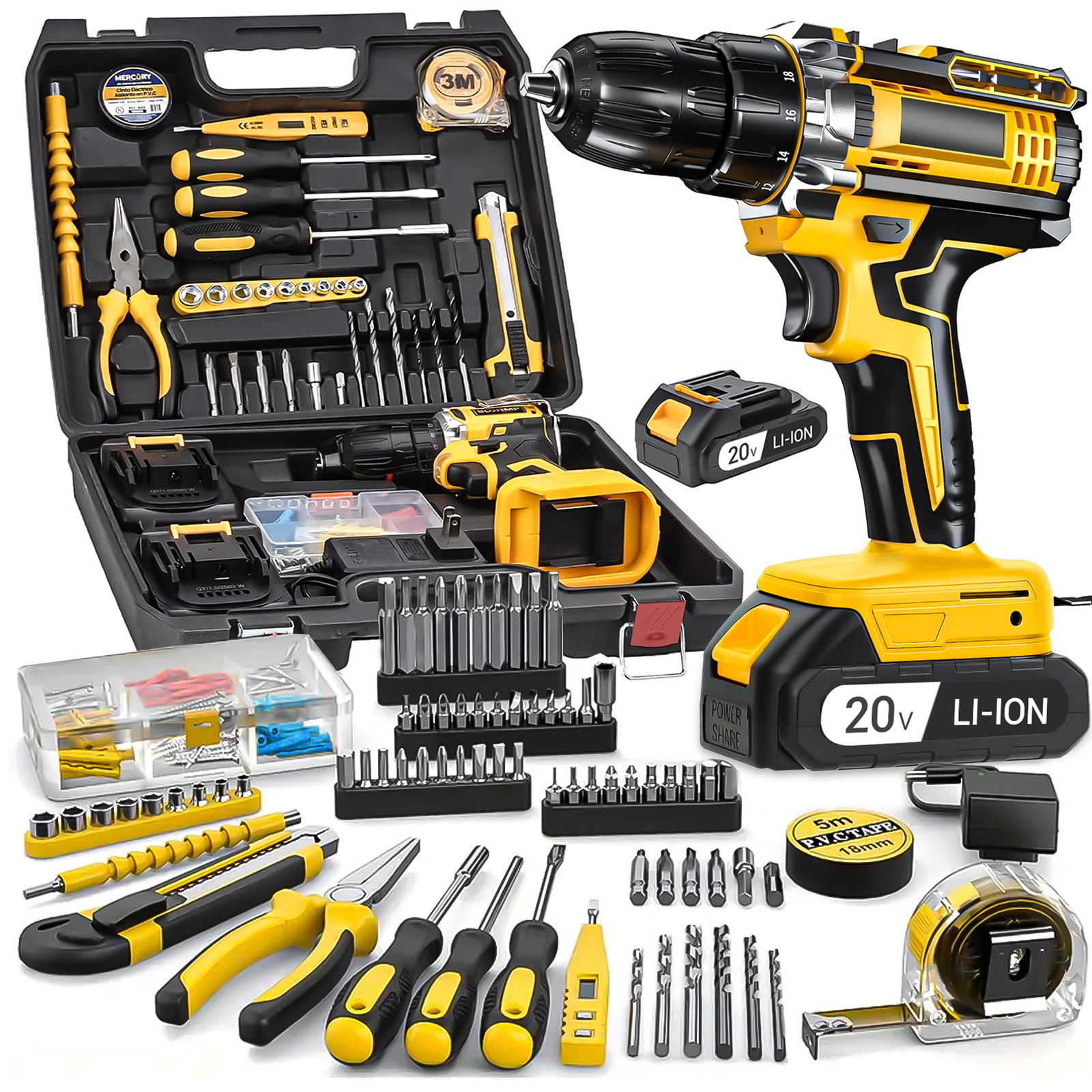 [20V Cordless Drill Set] 136pcs Electric Drill Tool Box Set | Electric Drill Cordless Set Rechargeable, Equipped with 2 Battery, Cordless Drill Driver with Hand Tools, Screwdriver,