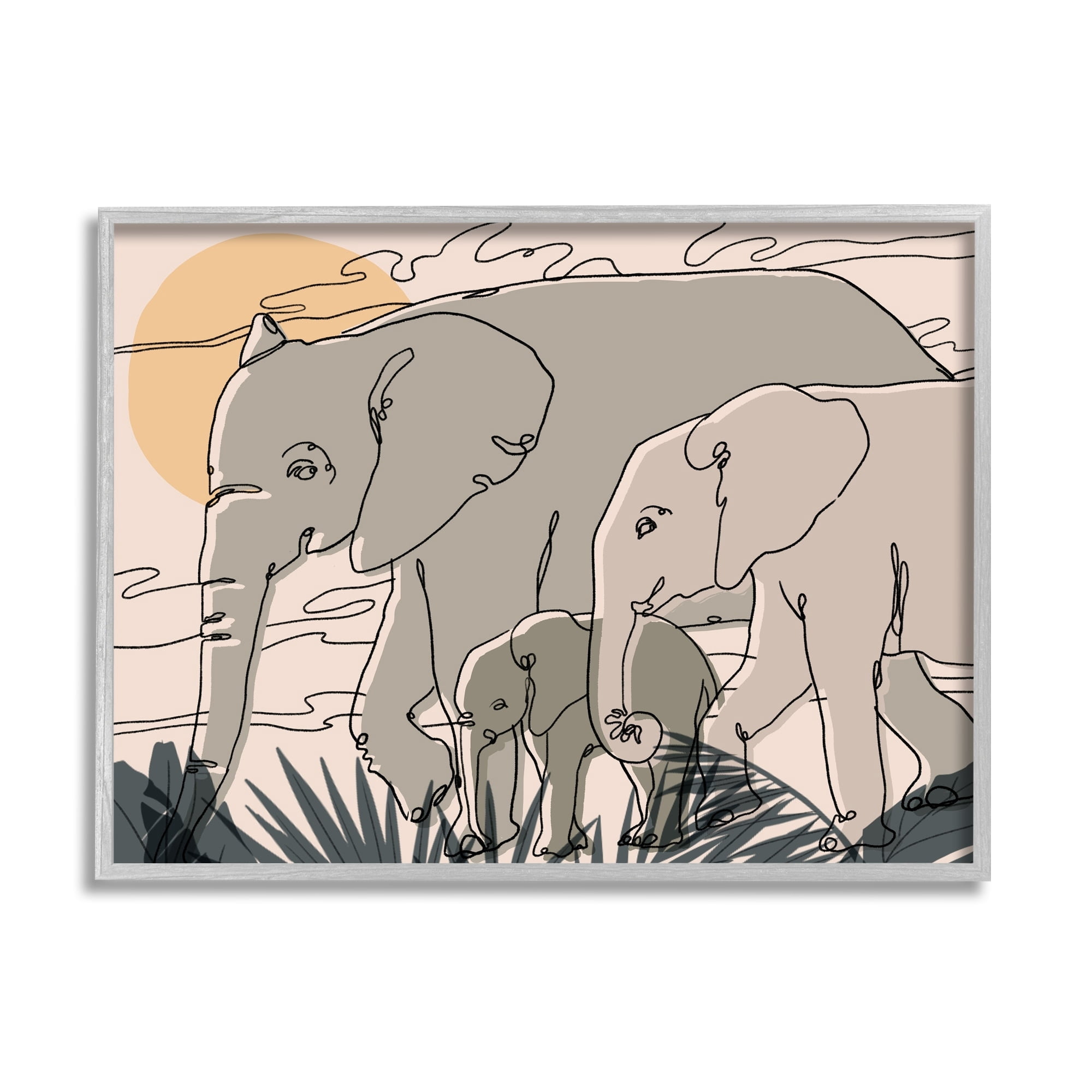 Stupell Industries Elephant Family March Safari Sun Sky Abstract Linework, 30 x 24, Design by Ziwei Li