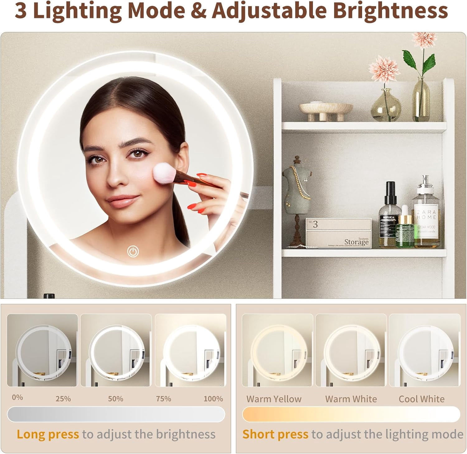 Small Vanity Desk with LED Mirror and Lights, Makeup Table with Built-in Power Outlet and USB Ports, 3 Lighting Modes Vanity with Stool for Bedroom, White