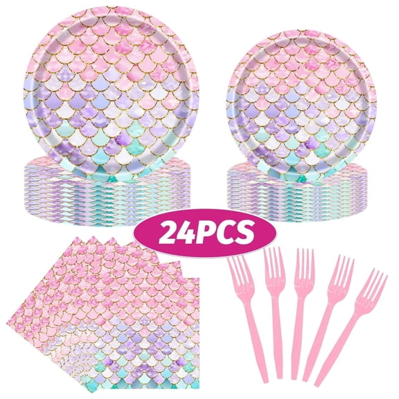 Mermaid Birthday Party Supplies Plates and Napkins Set for Under the Sea Party Decorations(Pink, Serve 24)