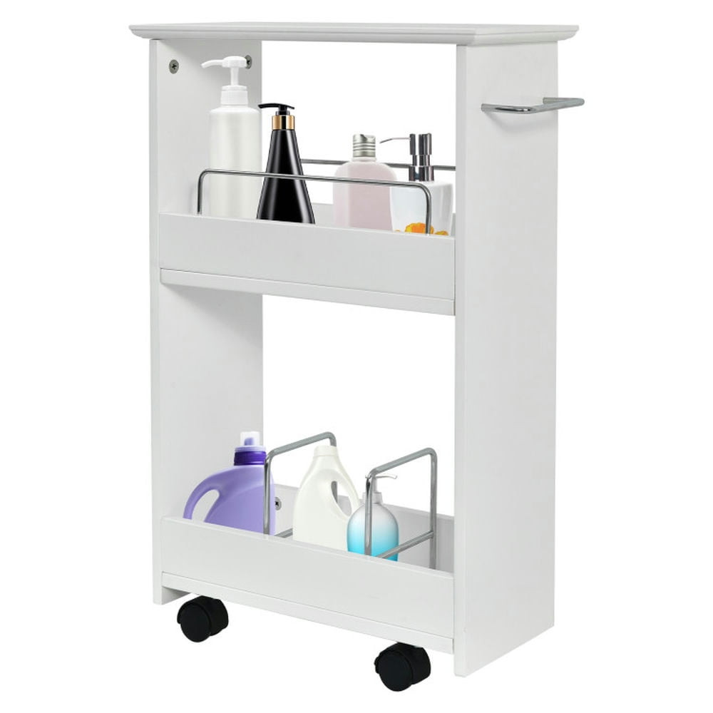 Finihen Storage Cabinet, Floor Cabinet, Slim Rolling 3-Tier Bathroom Mobile Shelving Cabinet wih Handle, for Bathroom, Living Room, Bedroom, Kitchen, White