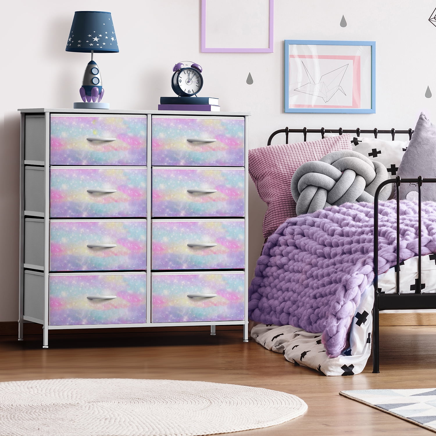 Sorbus Kids 8-Drawer Dresser Storage Tower, Steel Frame, Wood Top, Rainbow Sparkle