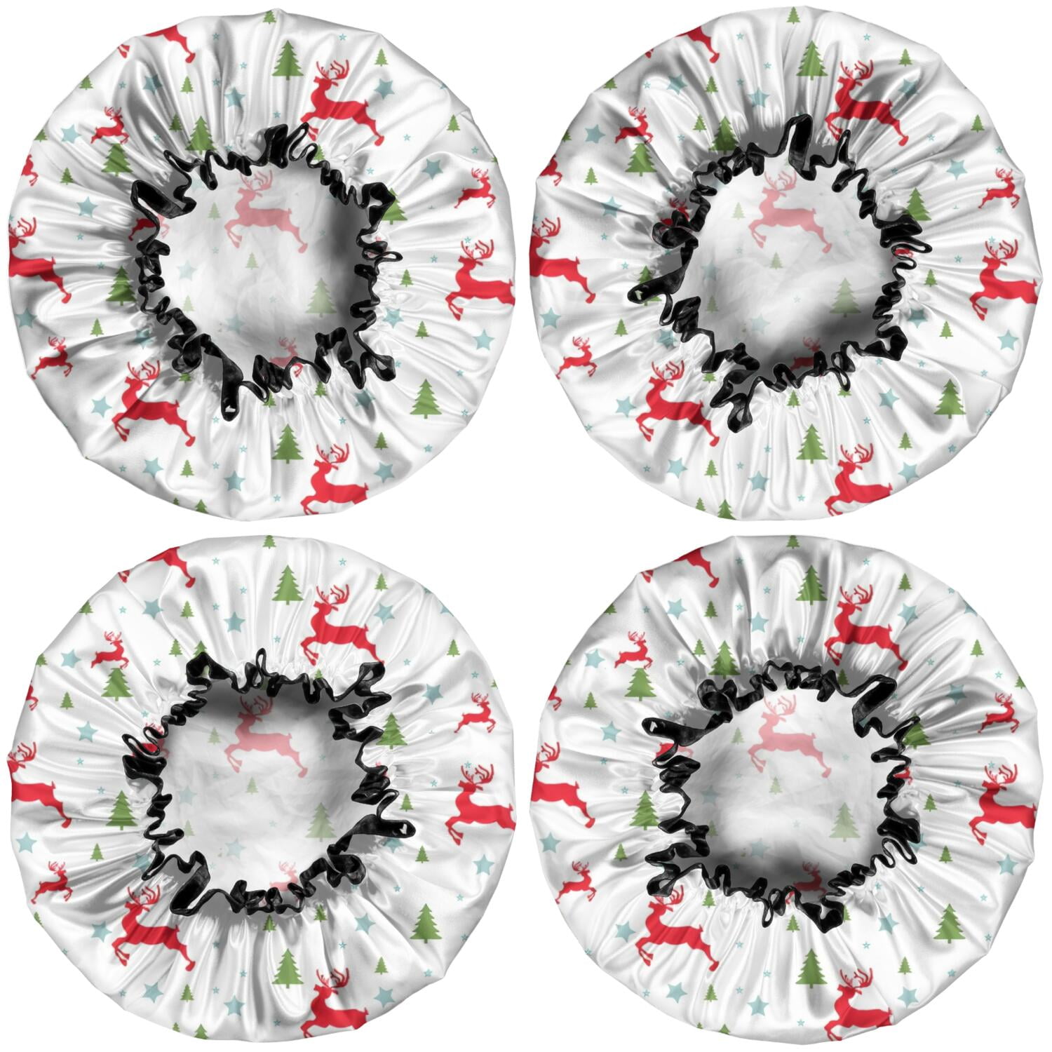 Shower Caps,White Christmas Reindeer and Tree Pattern Waterproof Shower Cap for Women 4 Pieces,Double Reusable Hair Cover for Shower PEVA Elastic Stretch Hem