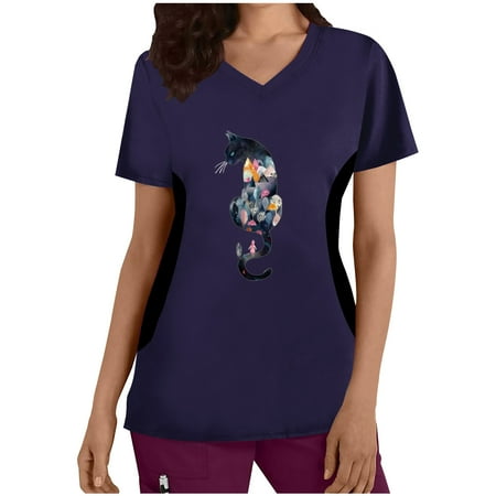 

Womens Scrub Tops Cute Cat Print Short Sleeve V-Neck Uniform Fashion Workwear T-Shirt Nurses Tops