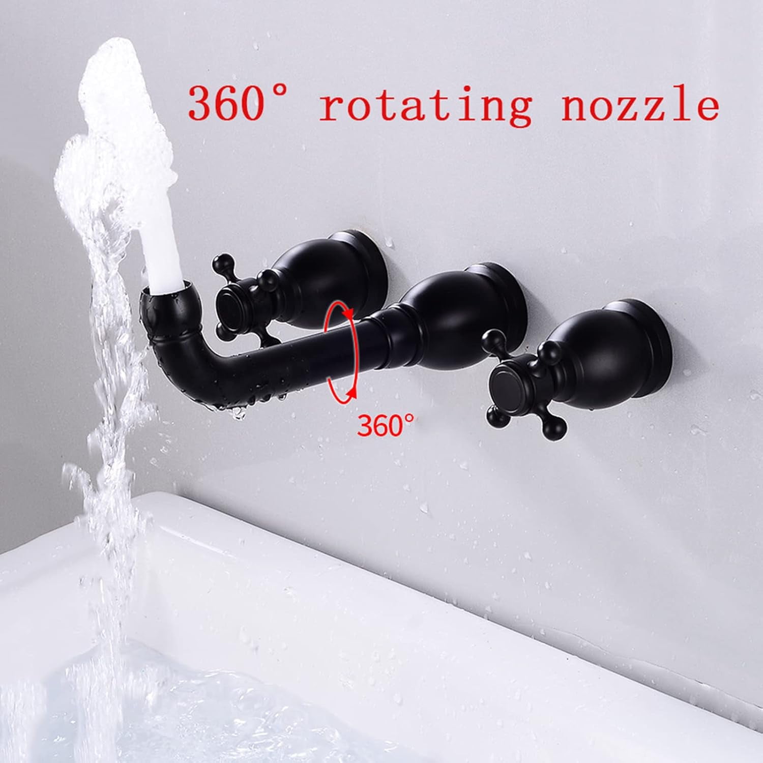 Wall Mounted Bathroom Sink Faucet Black,Hot and Cold Sink Mixer Tap Faucet,360 °Swivel Spout,Double Handle Wall Mount Brass Basin Mixer,A-Split
