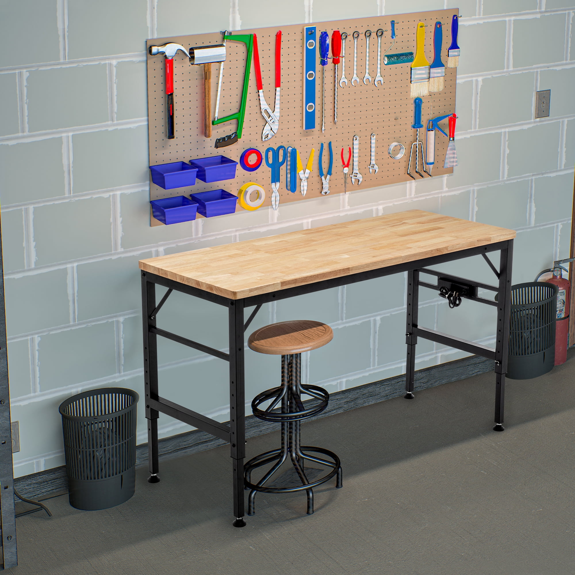 Adjustable Height Workbench, 60" Rubber Wood Top Heavy Duty Workstation with Power Outlets, 2000 LBS Load Capacity Hardwood Worktable for Workshop, Garage, Office, Home, Commercial