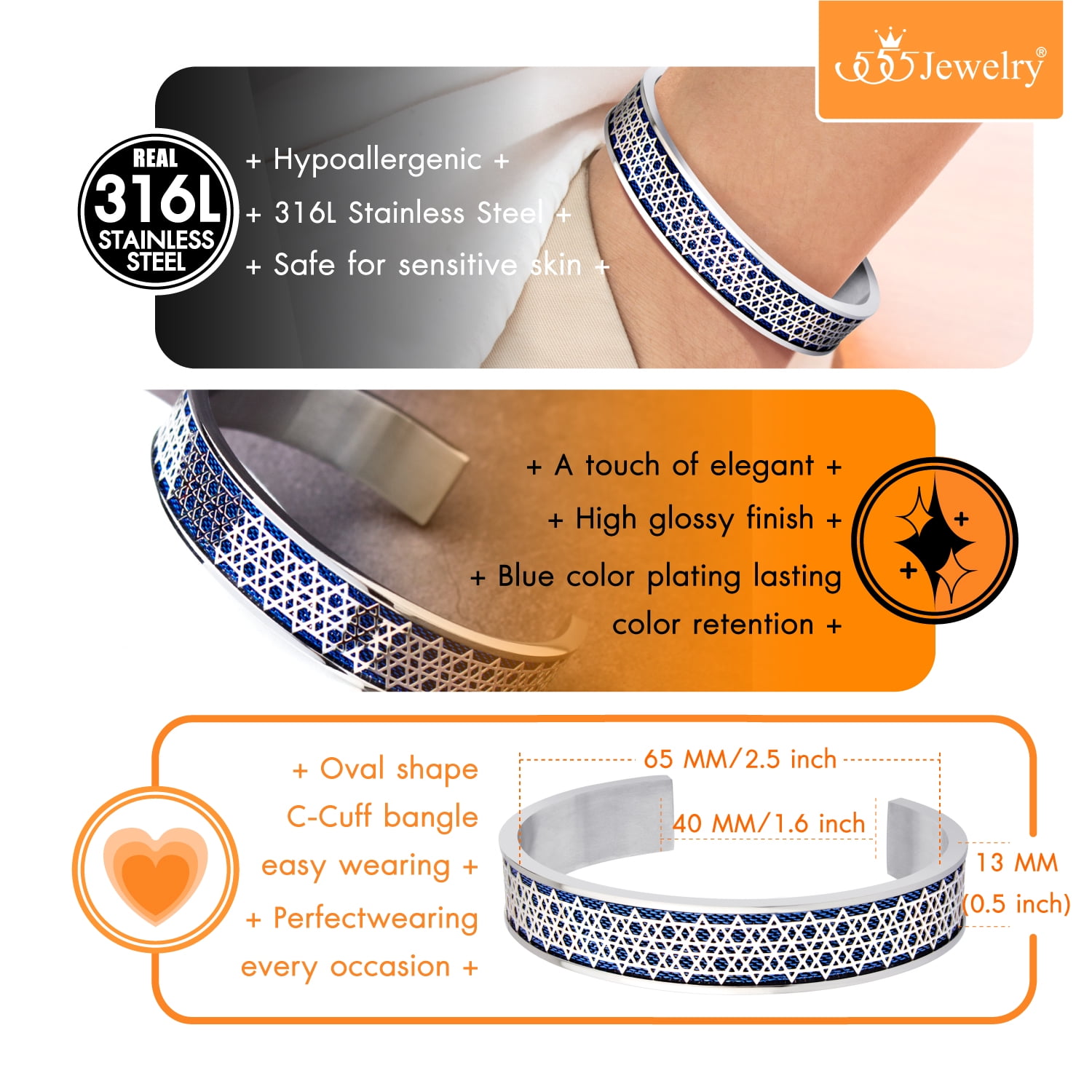 555Jewelry Stainless Steel Cuff Bangle Star of David Bracelet for Men and Boys, Silver/Blue