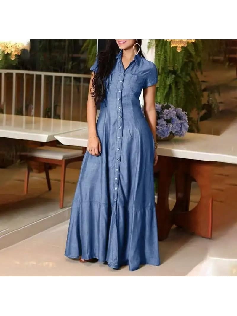 Chouyatou Womens Short Sleeve Denim Maxi Dress Casual Loose Fit Button Down  Long Jean Dresses