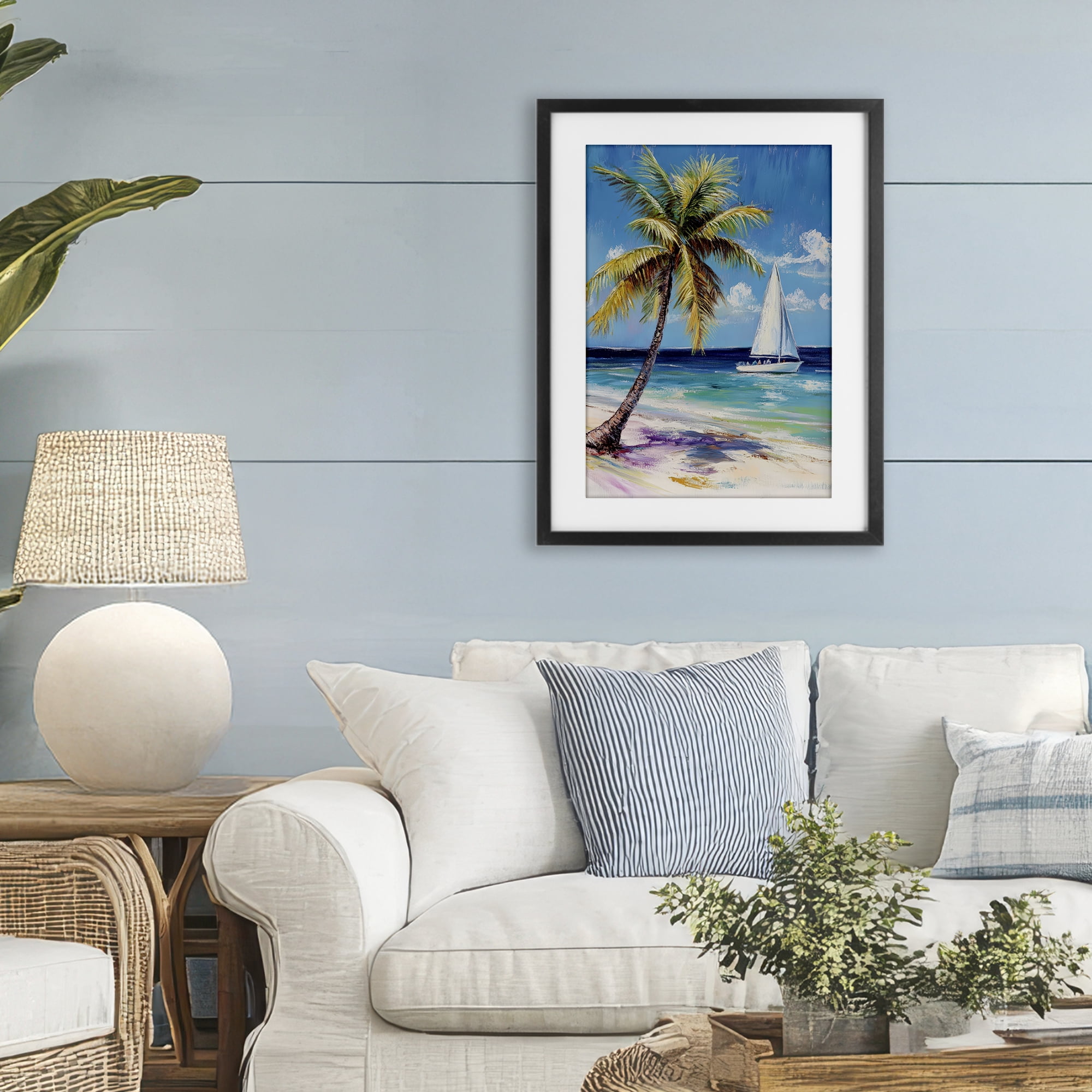 Stupell Industries Sailboat Delight with Palm Tree Black Framed Print Under Glass, design by Petal Prints Design