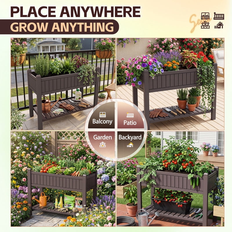 Homall 32" Tall Raised Garden Bed with Legs & Shelf, Outdoor Planter Box for Gardening Vegetables, Flowers and Herbs, 20 Gallon Capacity, Brown