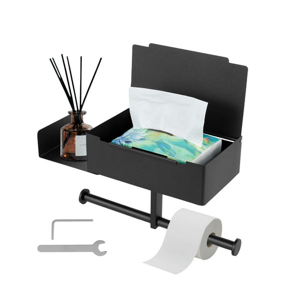 304 Stainless Steel Toilet Paper Holder with Shelf and Storage Wall Mount/Self Adhesive Toilet Paper and Wipes Holder Keep Your Wipes Hidden Out of Sight for Bathroom Black