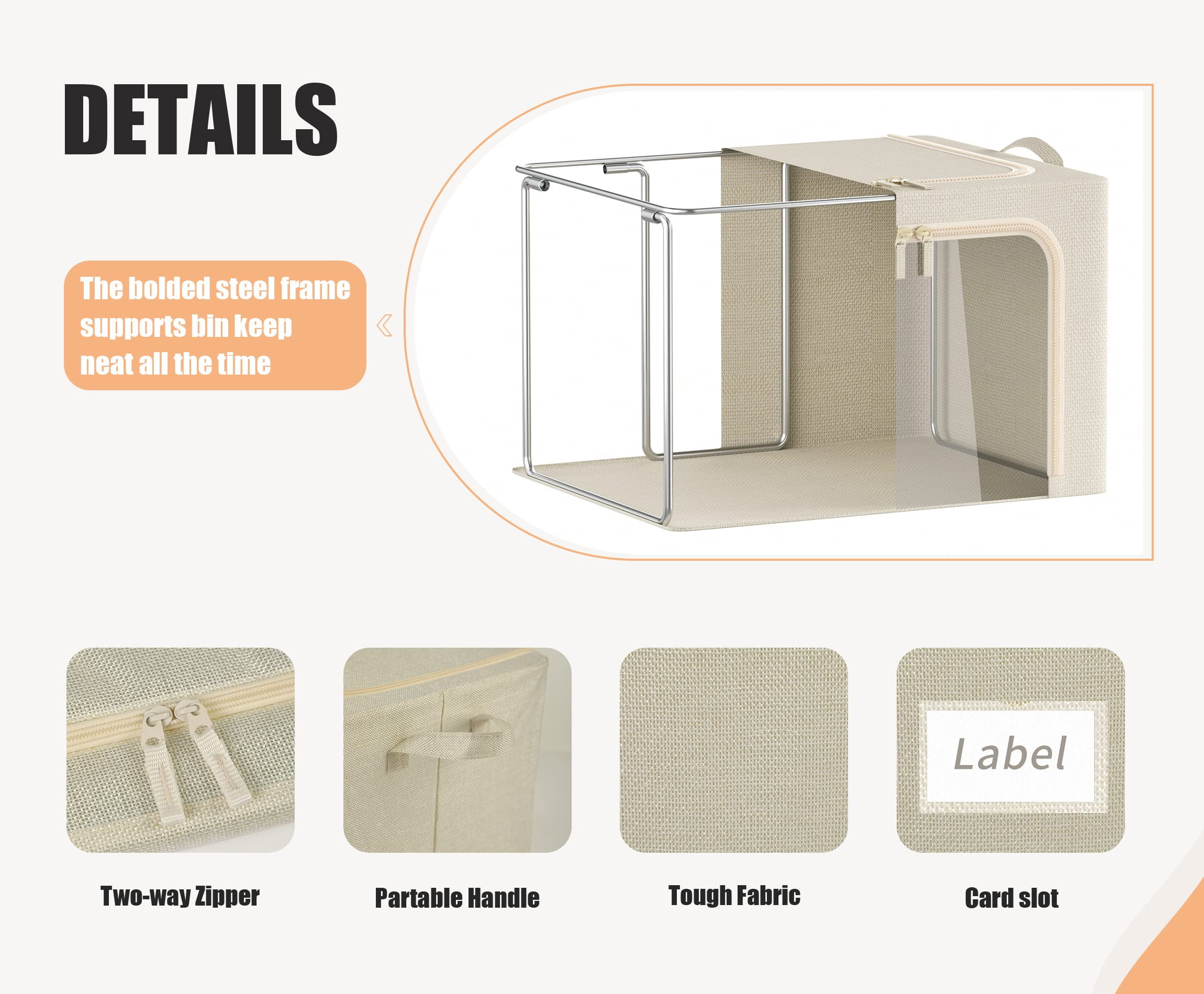 3 Pack Beige Linen Fabric 66L Stackable Storage Bins, Closet Organizer with Lid, Clear Window & Handles for Clothes, Bedding & Linen