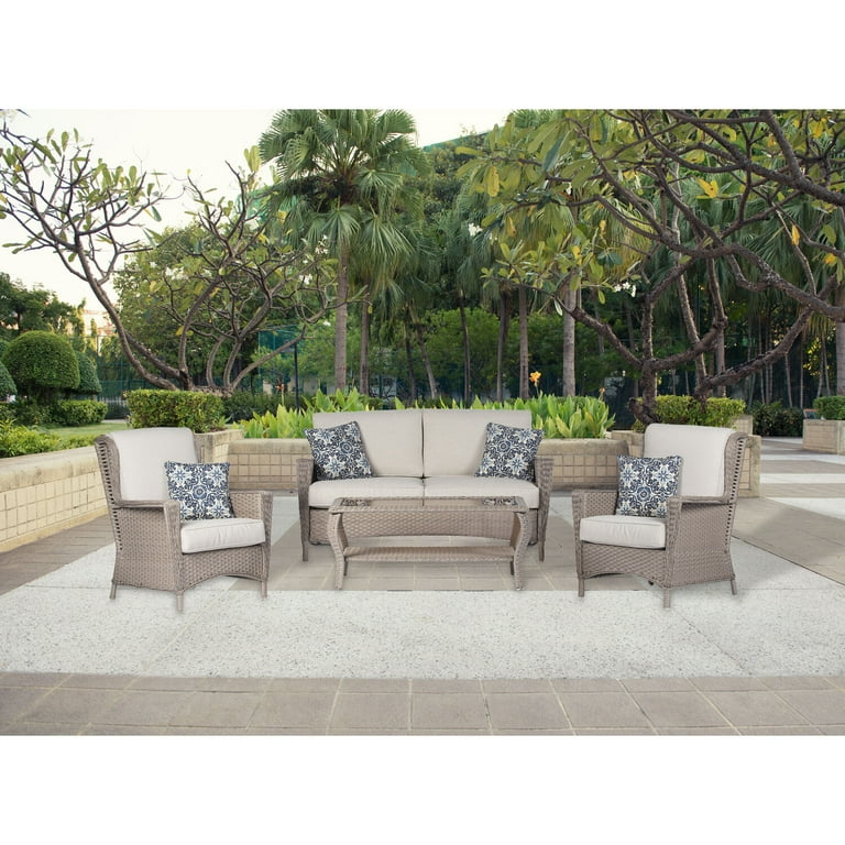 Hanover Nantucket 4 Piece Wicker Outdoor Patio Furniture Chat Set 2 High Back Side Chairs Loveseat Glass Top Coffee Table All Weather Hand Woven Wicker Thick Cushions NANT4PC GRY Walmart