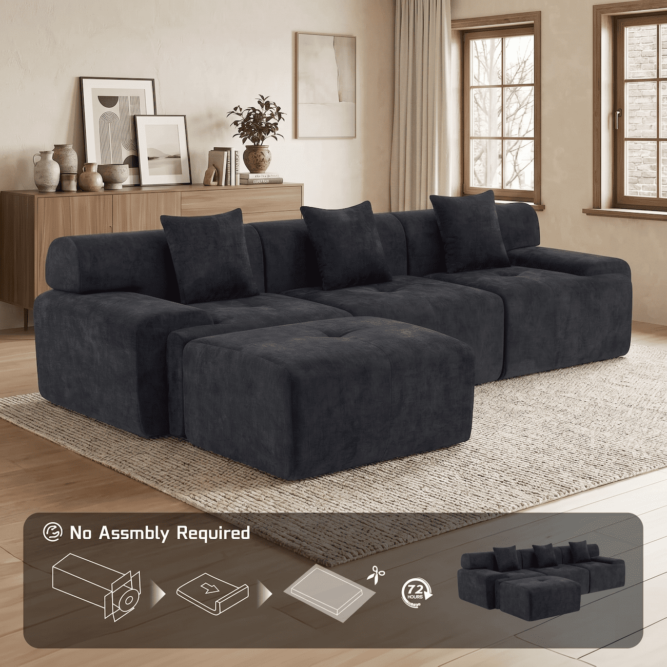 Xiweot Boneless Cloud Couch Sectional Sofa, Oversized Modular Sectional Couch for Living Room, Deep Seat Chenille Sofa with Ottoman, No Assembly Full Foam Comfy Couch for Apartment Bedroom (Black)