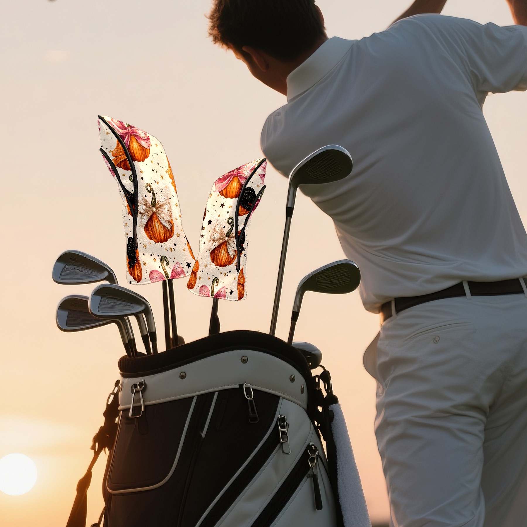Golf Club Covers, Orange PumpkinBow Premium PU Leather Driver Hybrid Putter Head Covers with Velvet Lining, Waterproof Golf Gifts for Men Women