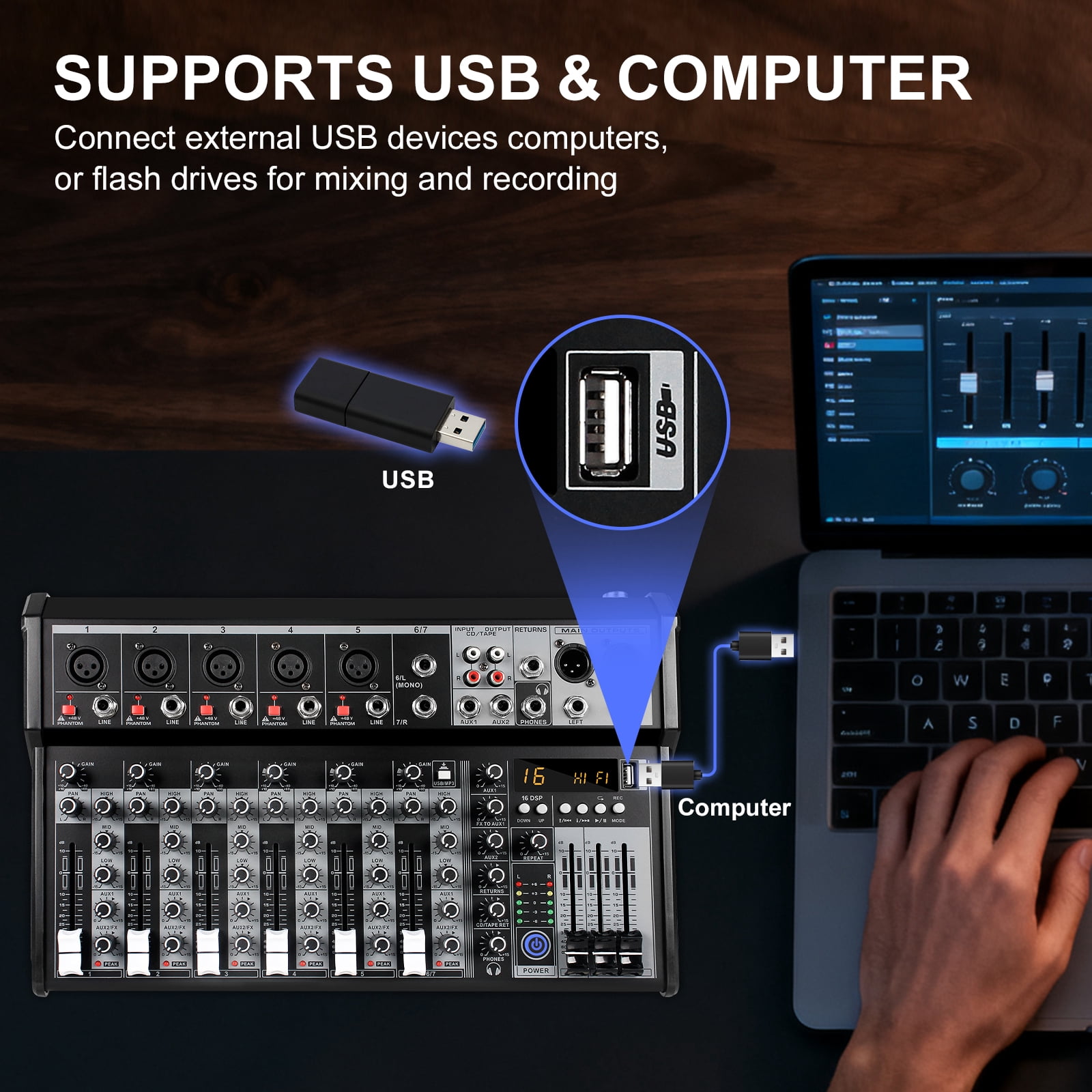 7 Channel Audio Mixer, Portable Audio Mixer w/16 Built-In Preset Sound Effects & USB DJ Sound Mixing Console MP3 Jack 48V Power for Computer Recording, Sounds Mixer Board For Studio Recording