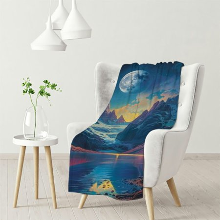 Erxjss Mountain Lake Moonlit Night Blanket - Soft & Warm Moonlit Lake Scene, Captivating Mountain View, Perfect for Bed, Couch & Travel White