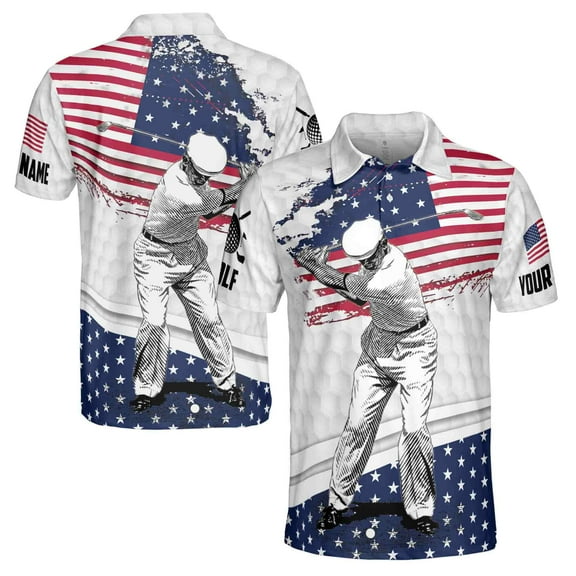 Funny American Golfer, Retro American Flag USA Team Golfing Men's Polo Shirt S-5XL
