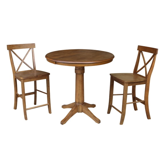 36" Round Extension Dining Table With 2 Counter Height Stools