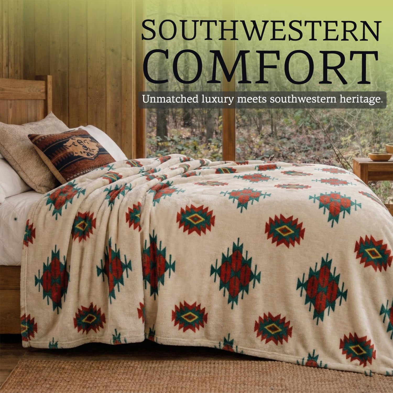 Sacred Thread Fleece Blanket South Western, Reversible Mexican, Vibrant Aztec Blankets and Throws for Aztec Decor for Home (Cream Flannel / Flannel (Throw (40''x60''))