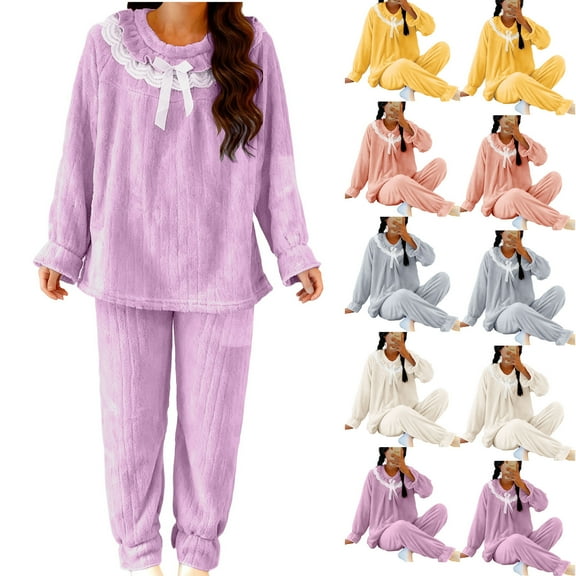 MGDXOX Women's Pajamas Sets Winter Fleece Flannel Sets Ruffle Collar Bow Top Elastic Cuff Pants Cozy Lounge Sleepwear Yellow XL