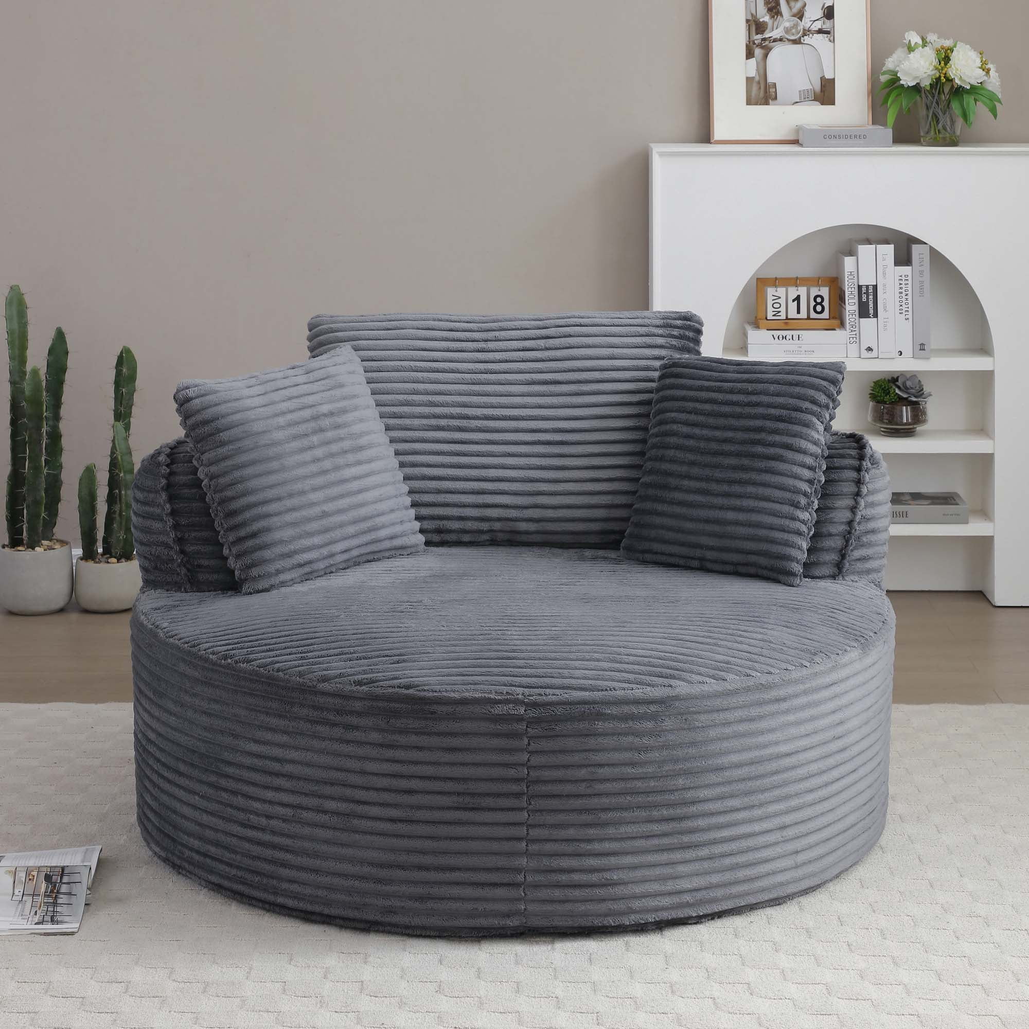 Miniyam 54" Corduroy Round Accent Chair, Boneless Design with Lumbar Support Pillows, Soft & Durable, Ready-to-Use(Grey)