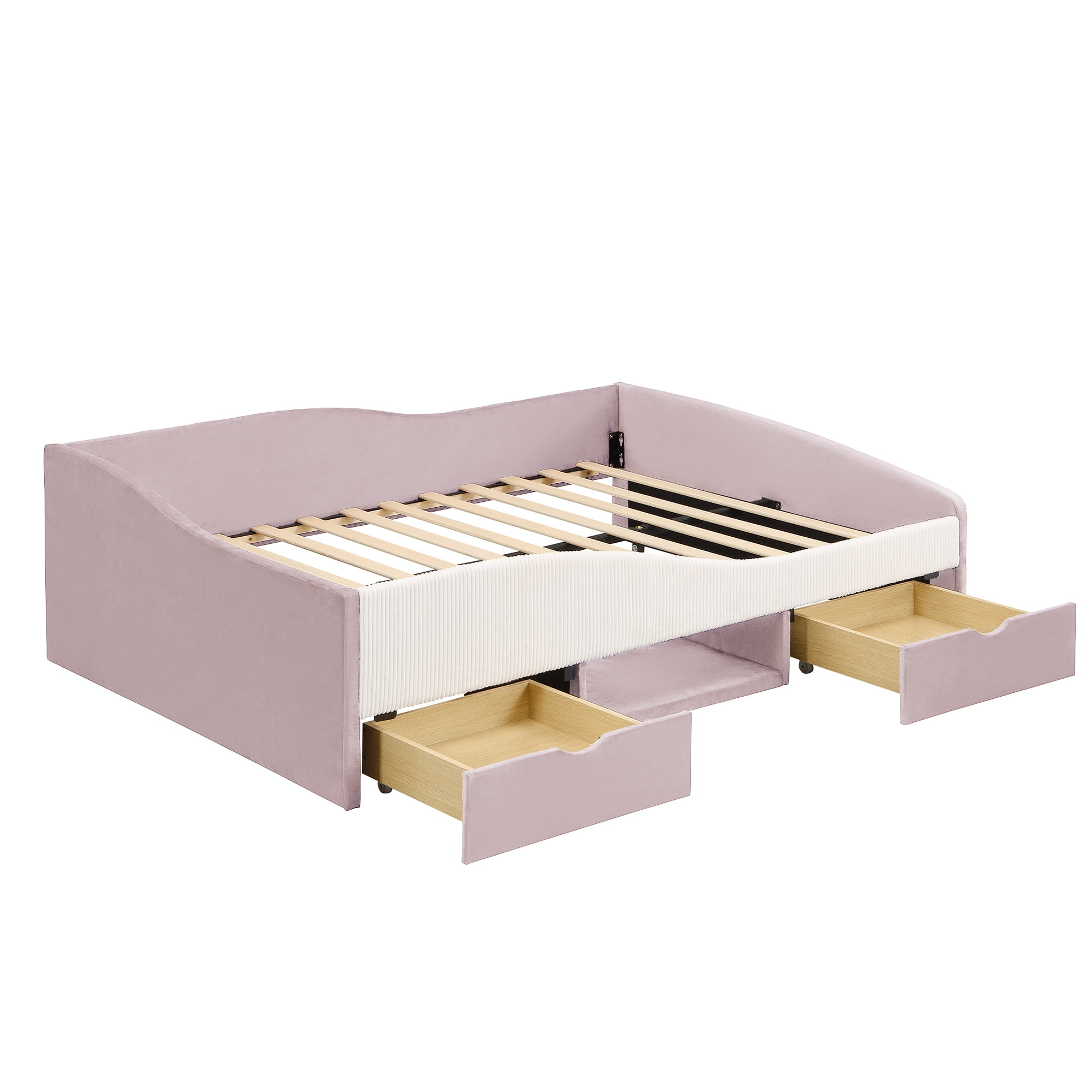 Mintazer Full Size Cool Upholstered Daybed Frame with 2 Storage Drawers & Open Shelf & Guardrail for Kids Boys Girls, Pink