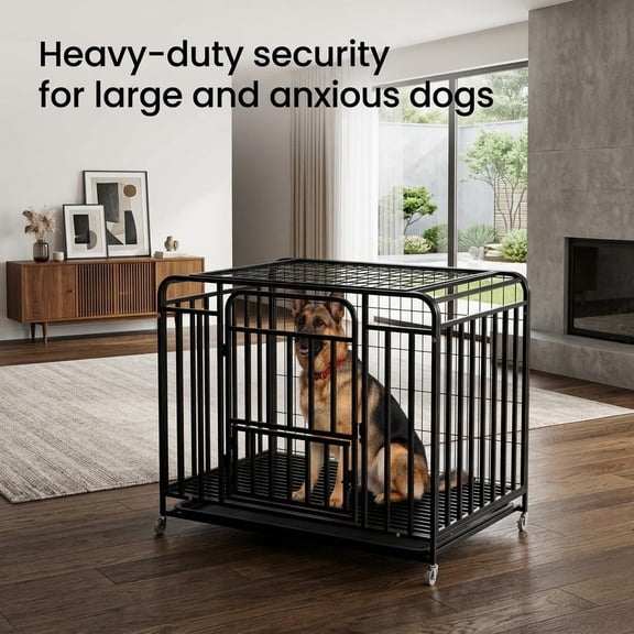 Heavy Duty Dog Crate, Dog Crates for Large Dogs with Leak-Proof Slide-Out Tray, Escape Proof High Anxiety Dog Crate with Double Door Design