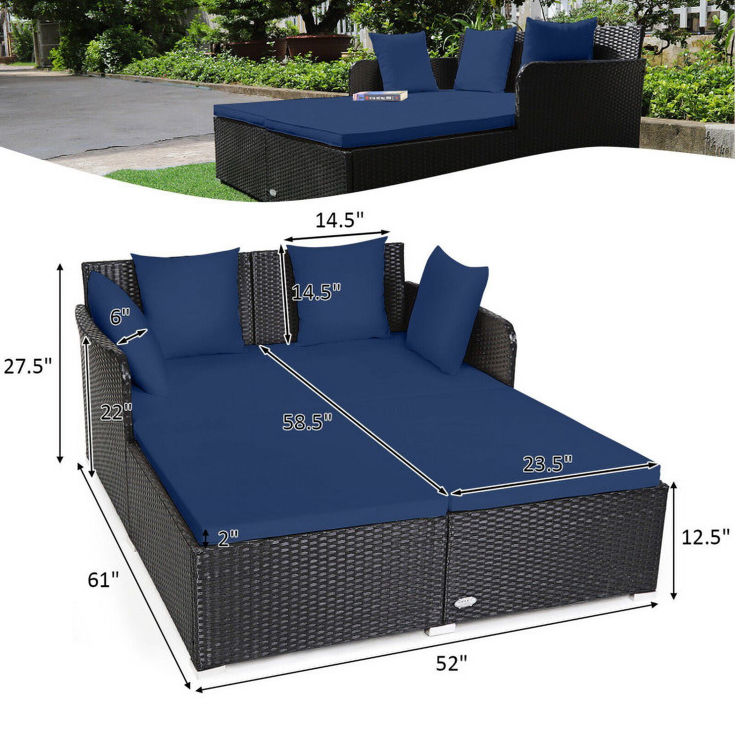Aimee Lii Spacious Outdoor Rattan Daybed with Upholstered Cushions and Pillows, Outdoor Deck Furniture, Navy Aimee Lii Spacious Outdoor Rattan Daybed with Upholstered Cushions and Pillows, Outdoor Deck Furniture, Navy